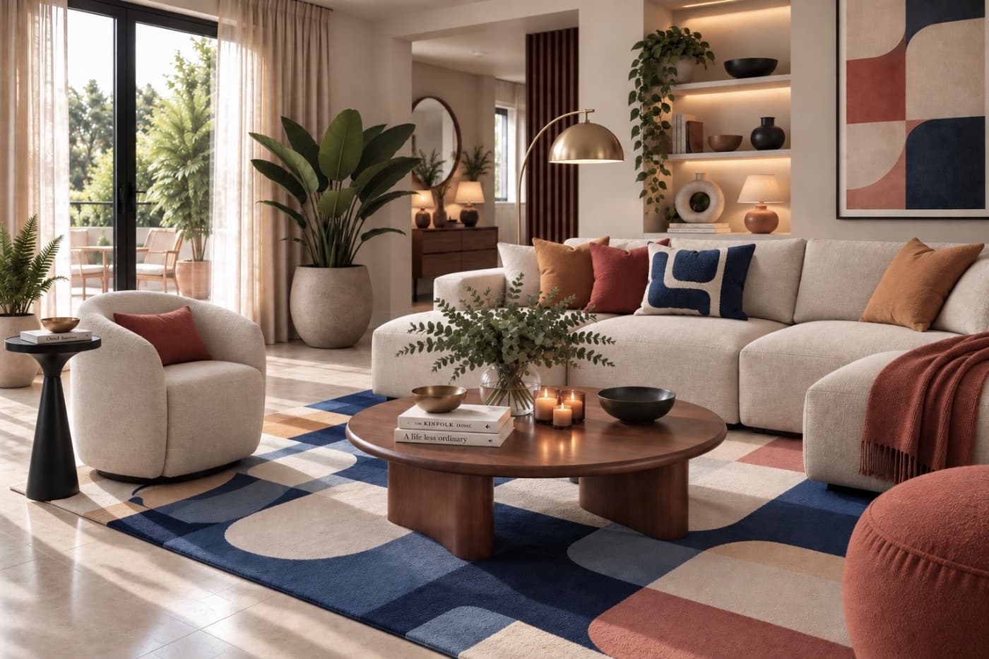 mode eclectic living room with a cream sectional sofa, a dark wood round coffee table, and a colorful swirl rug | Rooms & You